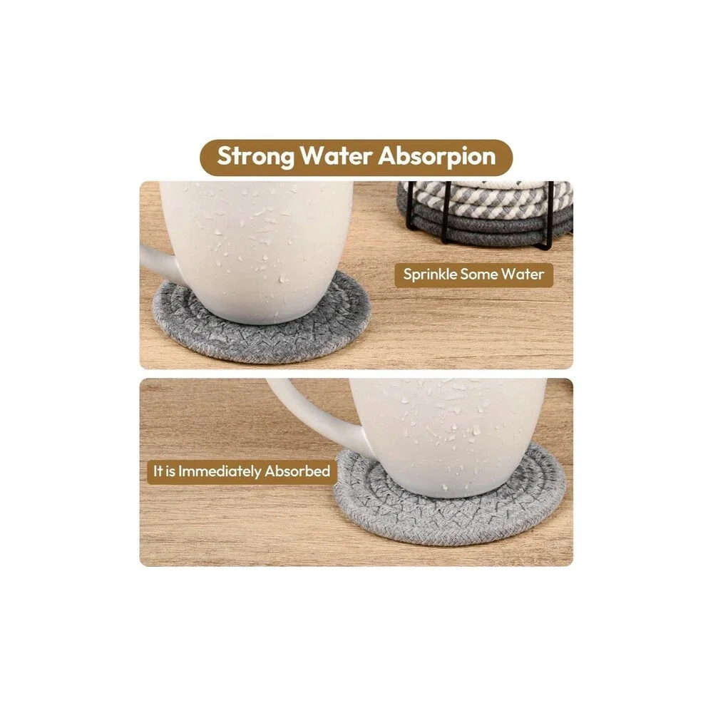 Boho Woven Cotton Coasters with Holder 10 Pack Absorbent Farmhouse Cup Mats
